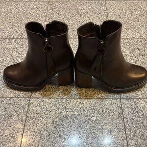 Women’s Dark Brown Leather Block Heel Ankle Booties with Side Zip